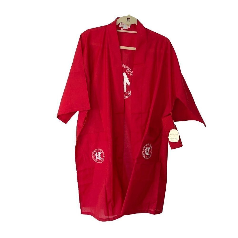 Longevity Womens Robe Red Size XL Vintage Short Kimono Style Belt Pocket NWT New